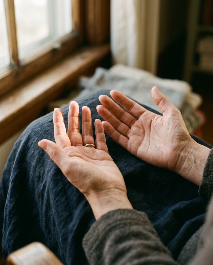 Close-up of open hands resting on a person's lap in warm window light