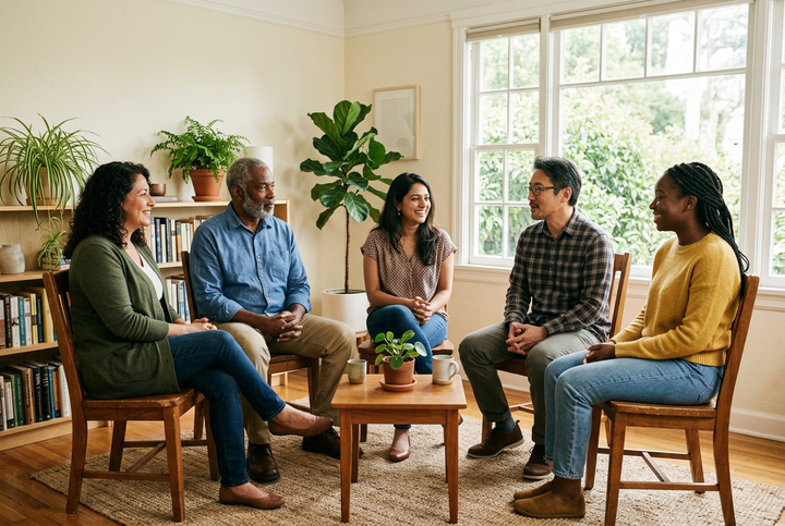 Five people seated in a circle of wooden chairs in a sunlit room