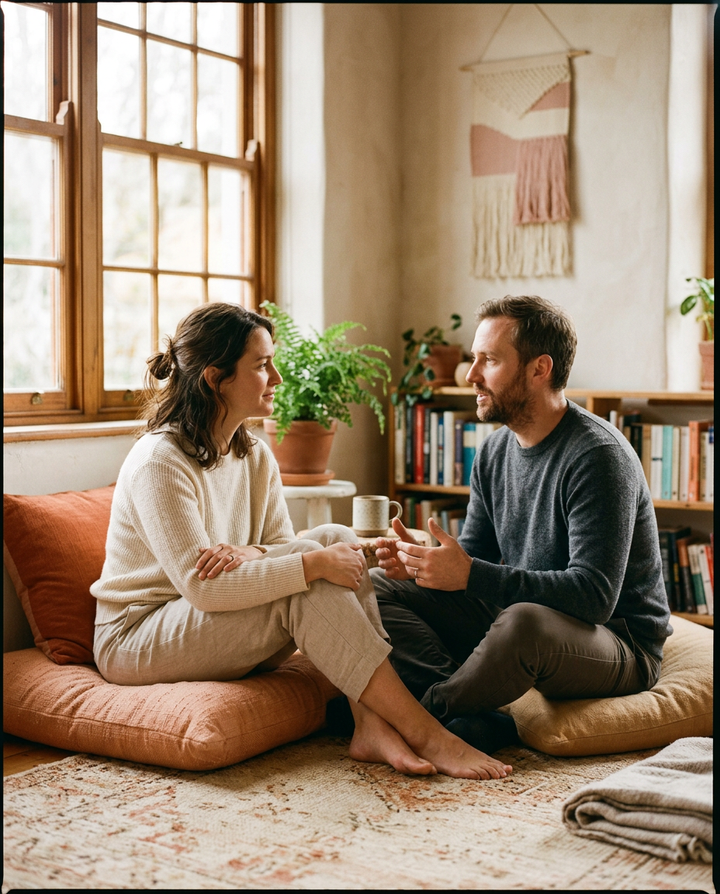 Two people seated facing each other on cushions in a sunlit room