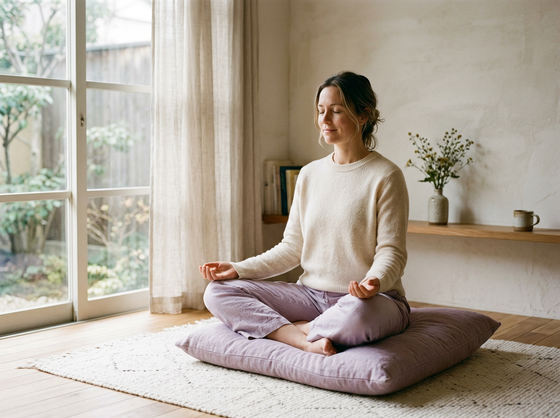 A woman seated on a cushion in soft natural light with her eyes closed