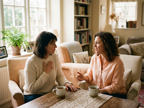 Two women in warm conversation, one listening with a hand over her heart
