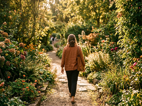 A woman walking through a sunlit garden path seen from behind