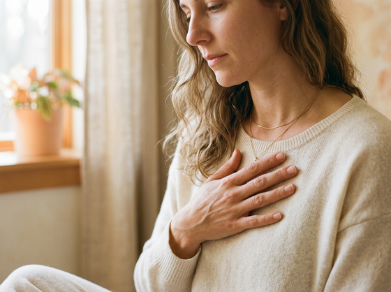 A woman resting her hand gently on her chest in soft natural light