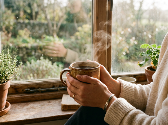 Hands cradling a warm ceramic mug by a sunlit window