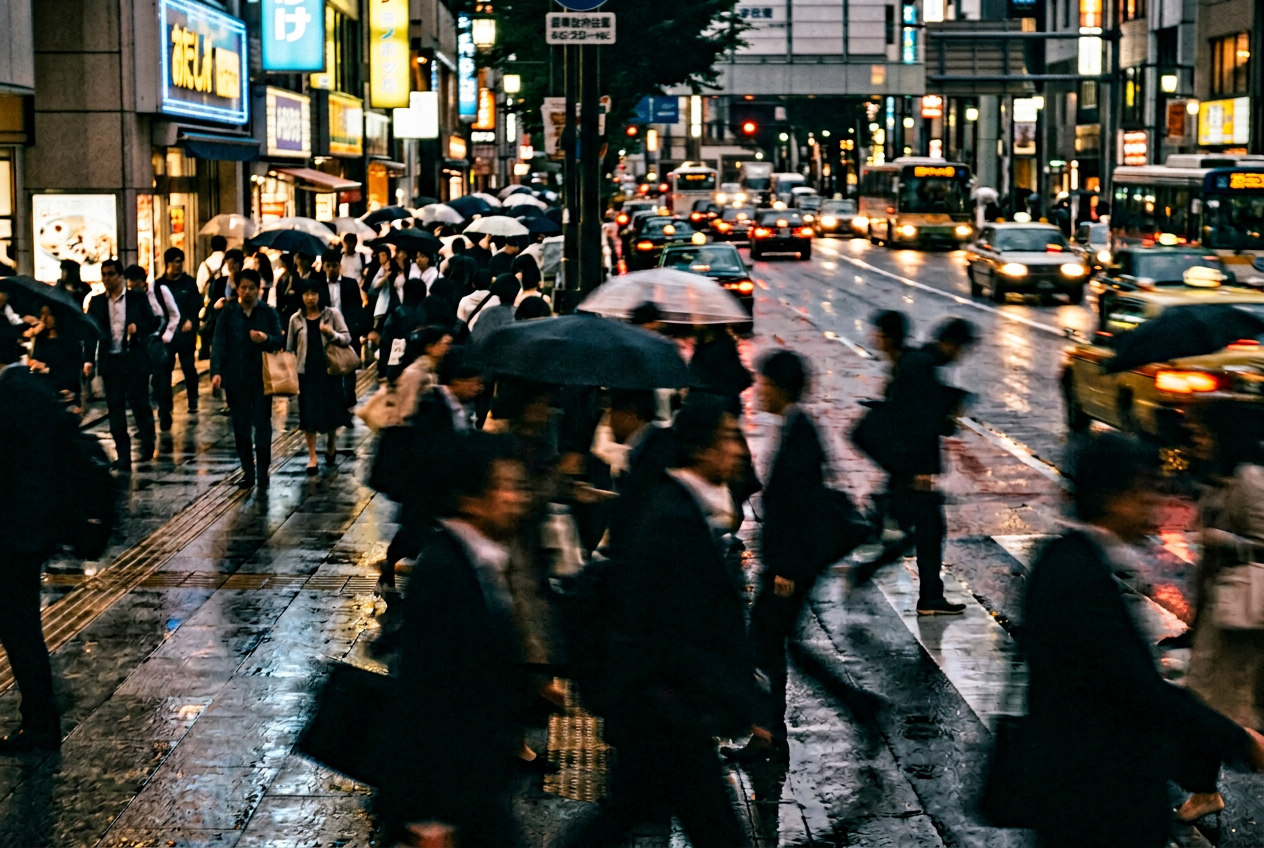 A blurred crowd of people rushing through a rainy city street at dusk