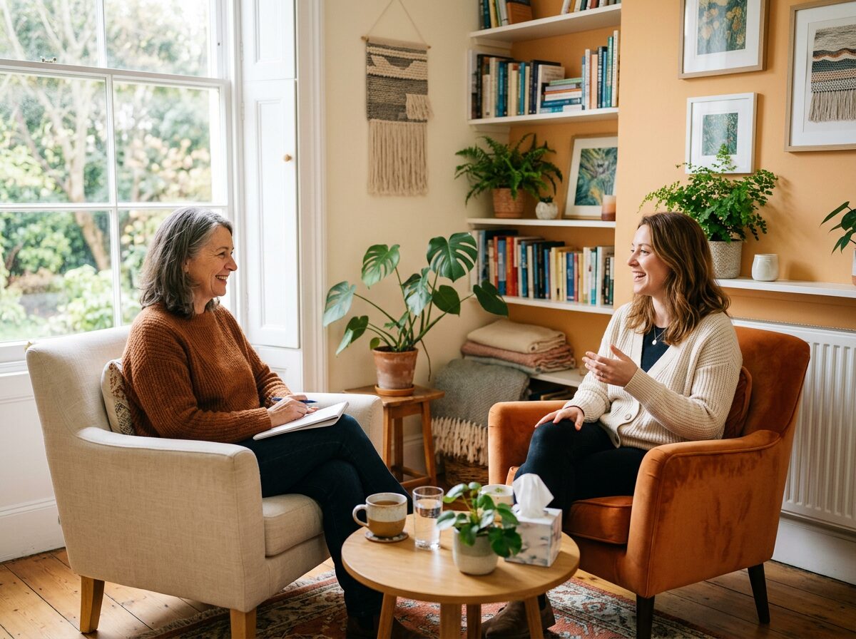 Two women in warm conversation in a sunlit therapy room