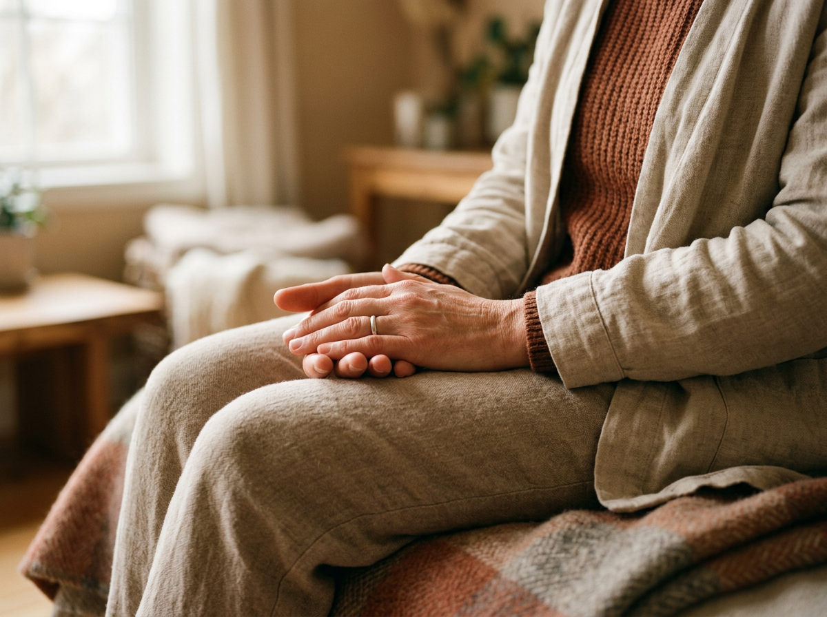 Hands resting calmly on a lap in soft natural light