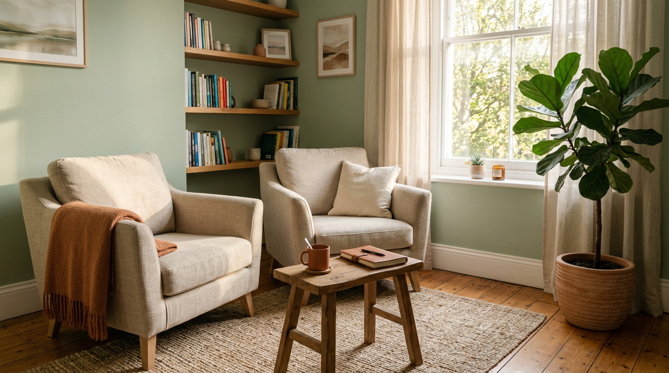 A calm, sunlit therapy room with two armchairs angled toward each other